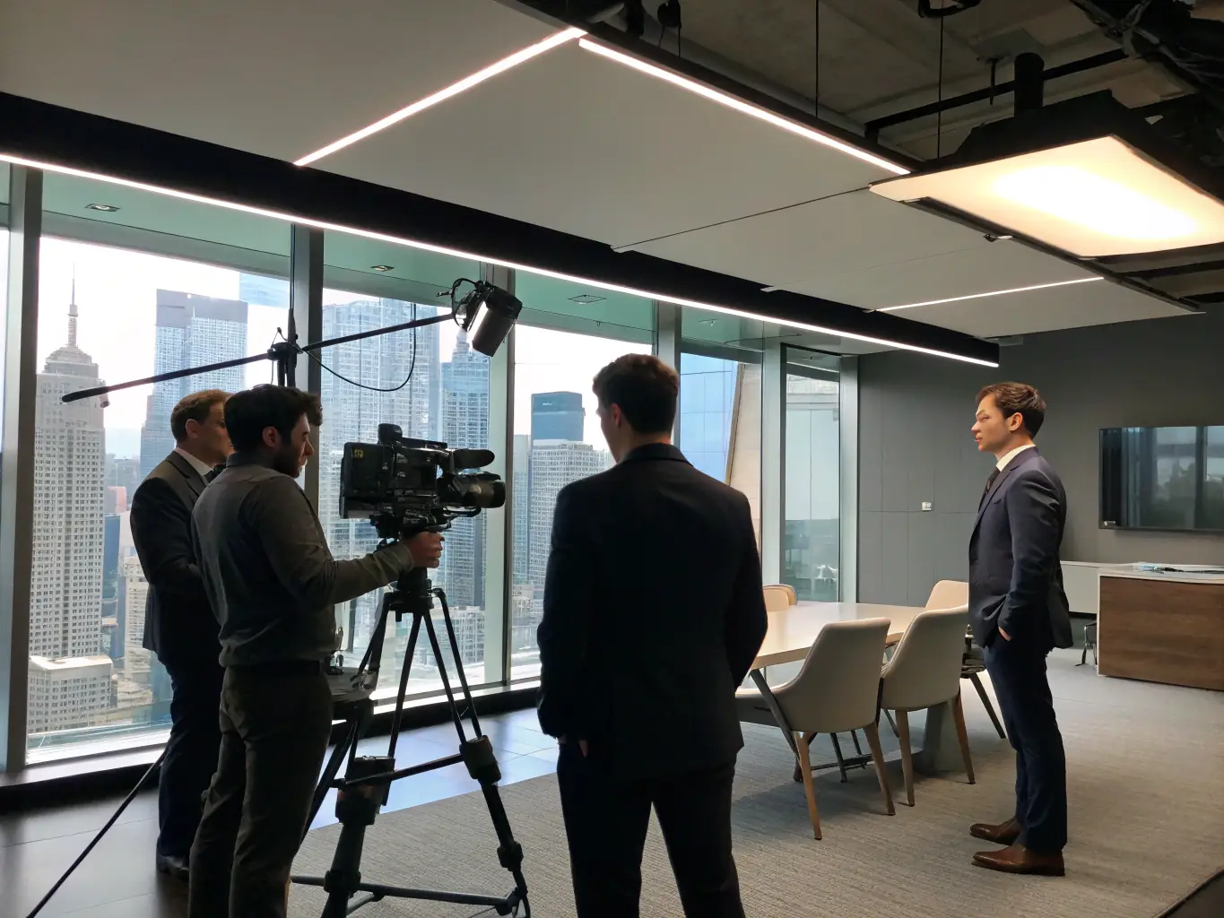 A dynamic scene from a recent corporate video shoot, showcasing professional lighting and camera setup.