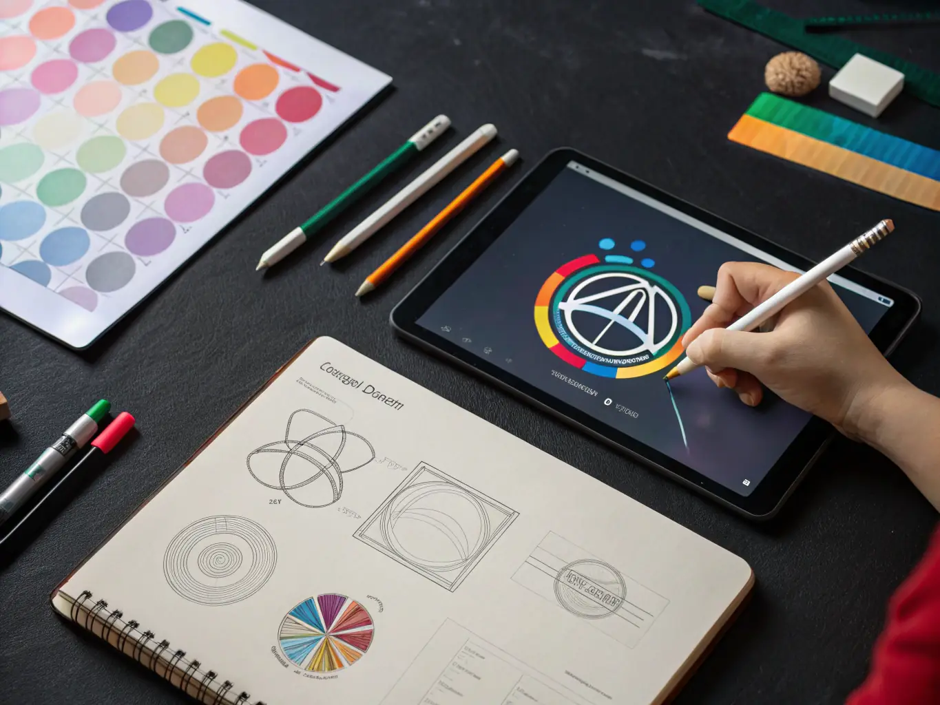 A sleek logo design process displayed on a digital tablet with branding mockups.