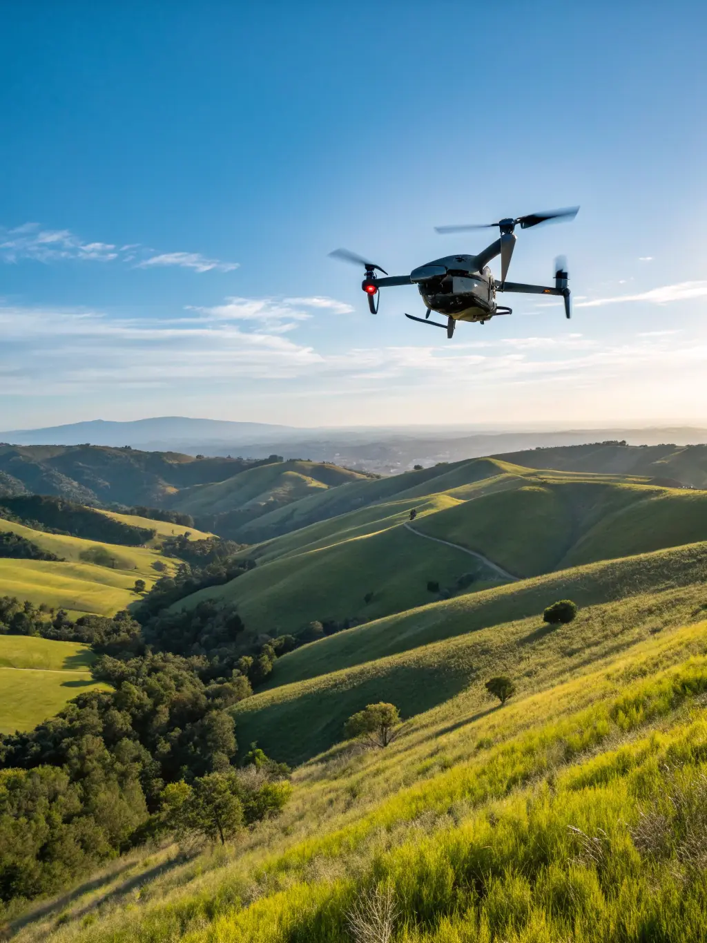 A drone capturing aerial footage of a scenic landscape, showcasing Sanerna's capabilities in providing unique perspectives for video and photography projects.