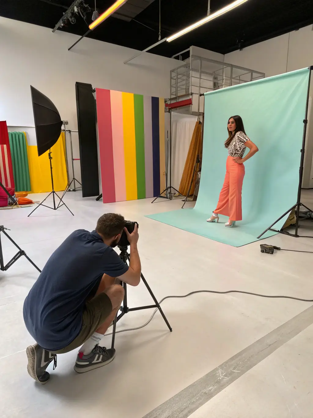 A photographer capturing a high-fashion model during a studio photoshoot, highlighting Sanerna's photography services.