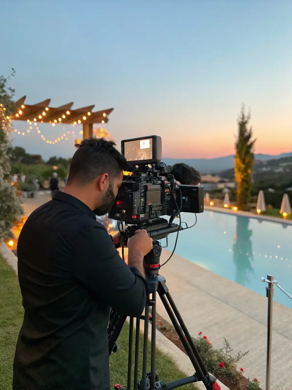 A professional videographer operating a high-end camera during an outdoor shoot, capturing dynamic footage for a commercial project, emphasizing Sanerna's commitment to quality video production.