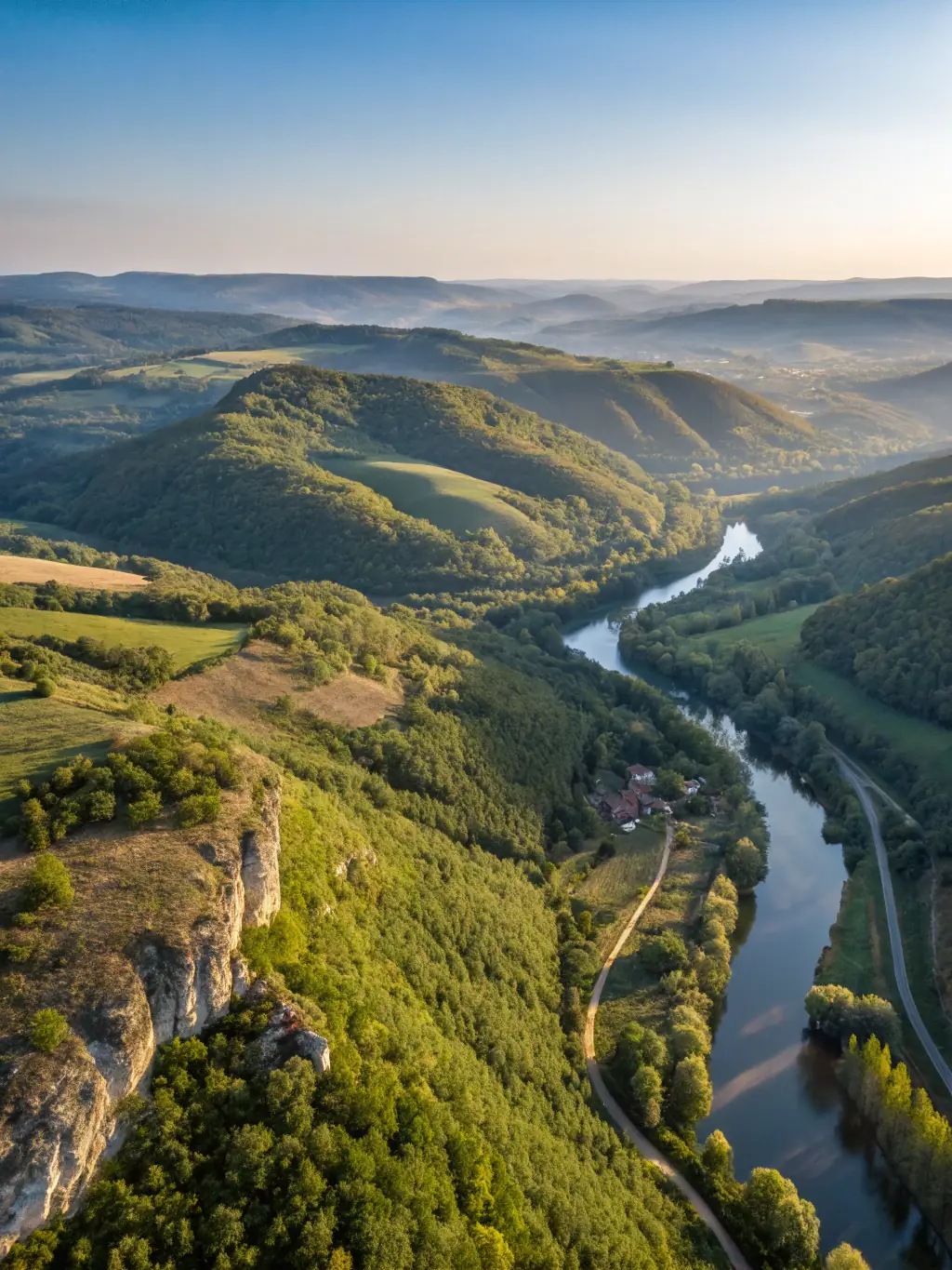 A drone capturing aerial footage of a scenic landscape, demonstrating Sanerna's advanced video production techniques.