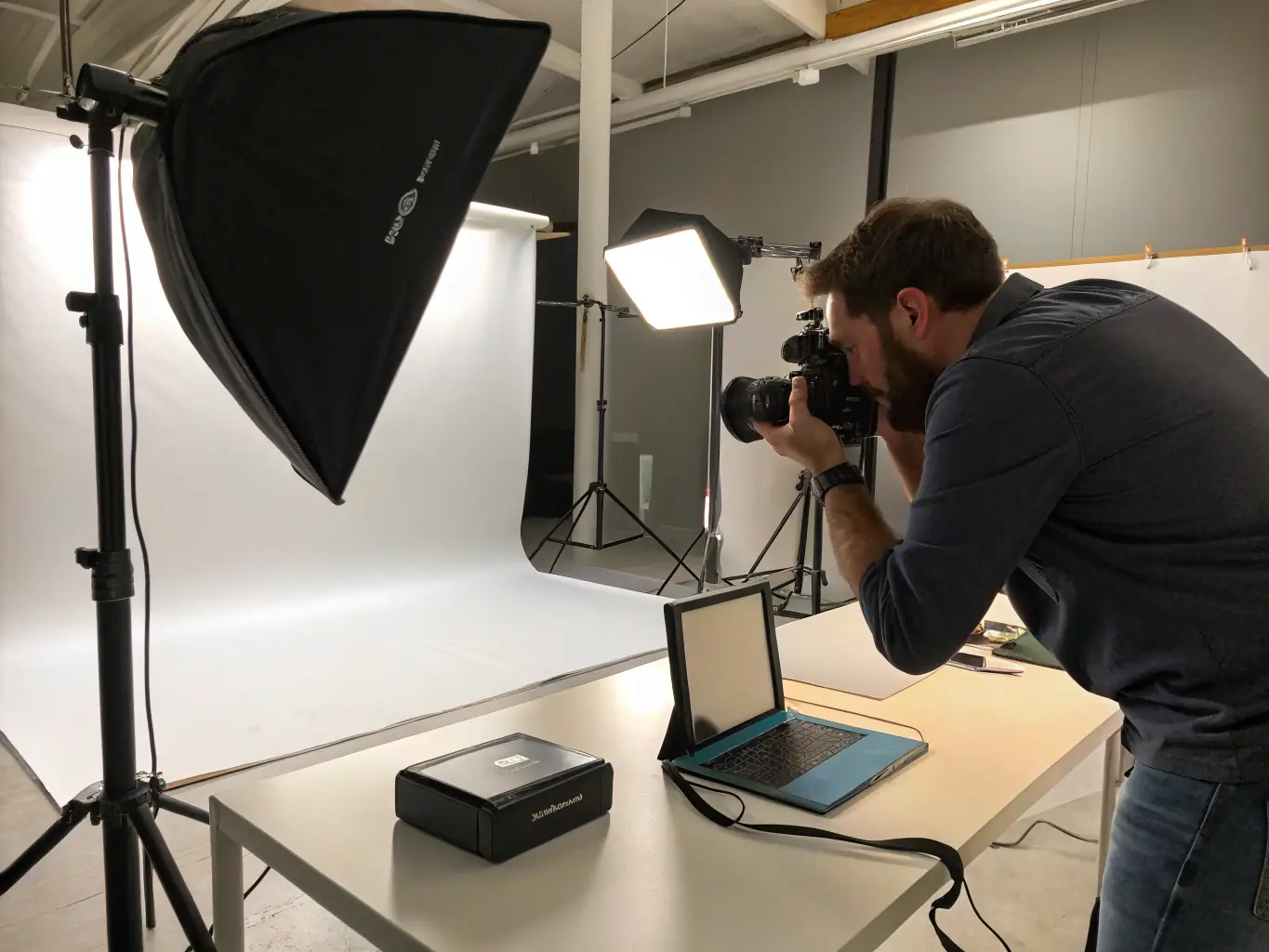 A photographer capturing a product shot in a studio, showcasing the product's features and aesthetic appeal with professional lighting and composition.