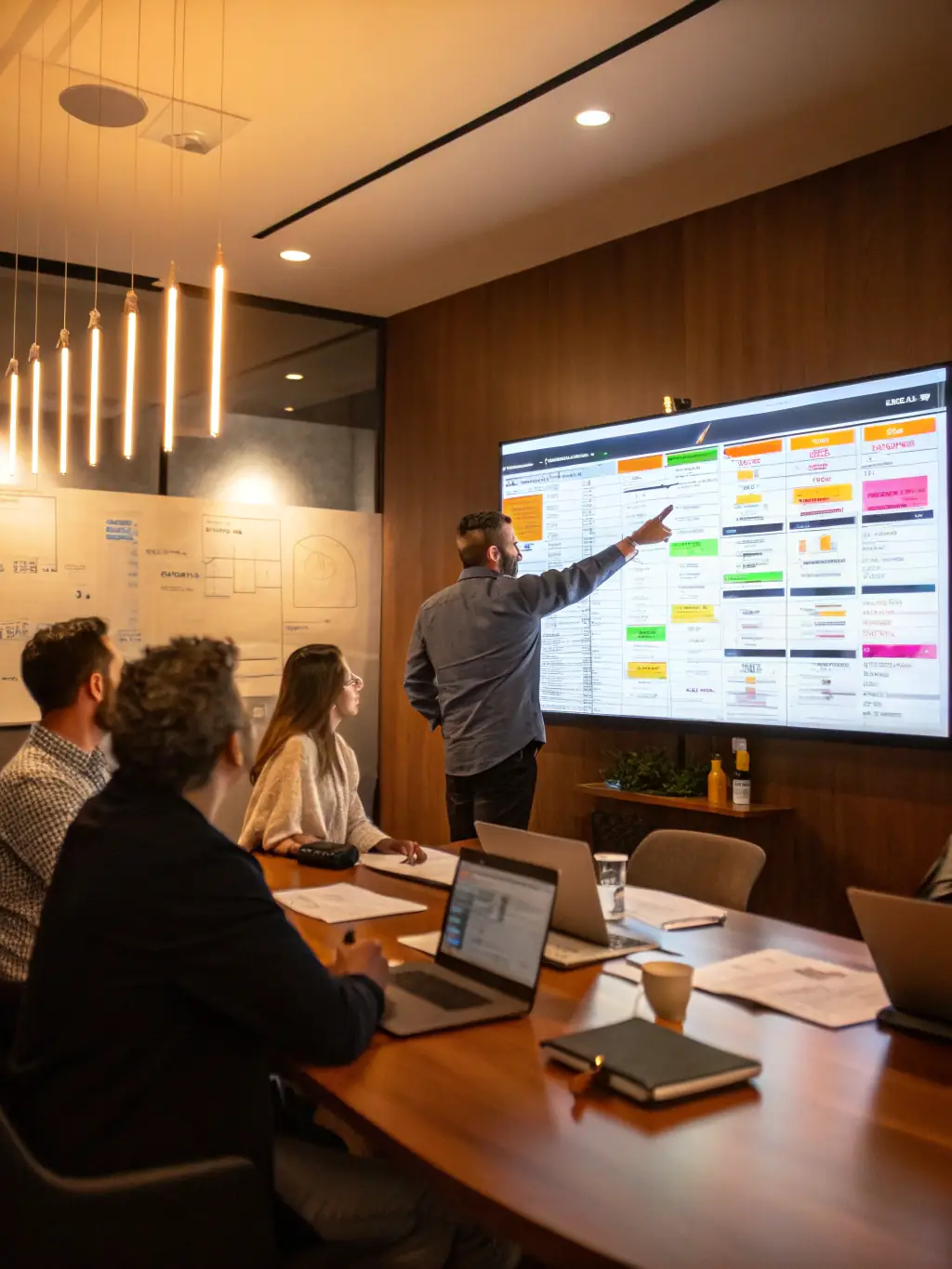 A project manager coordinating a media production project, overseeing the team and ensuring timely delivery, emphasizing Sanerna's commitment to efficient project management.