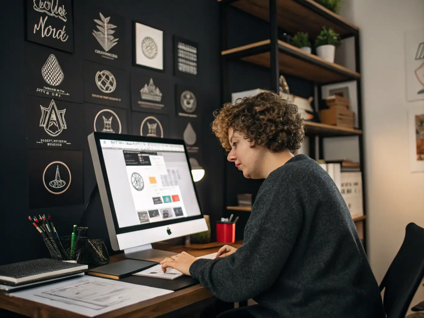 A graphic designer working on a branding project, creating logos and marketing materials that align with the client's brand identity and messaging.