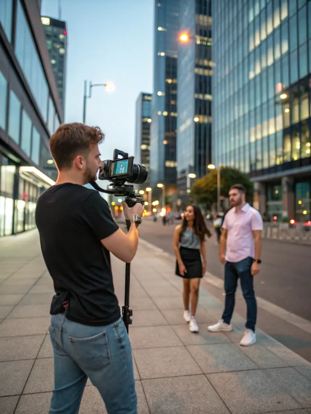 A professional videographer filming a commercial on location in a bustling city street, showcasing Sanerna's expertise in video production for advertising.