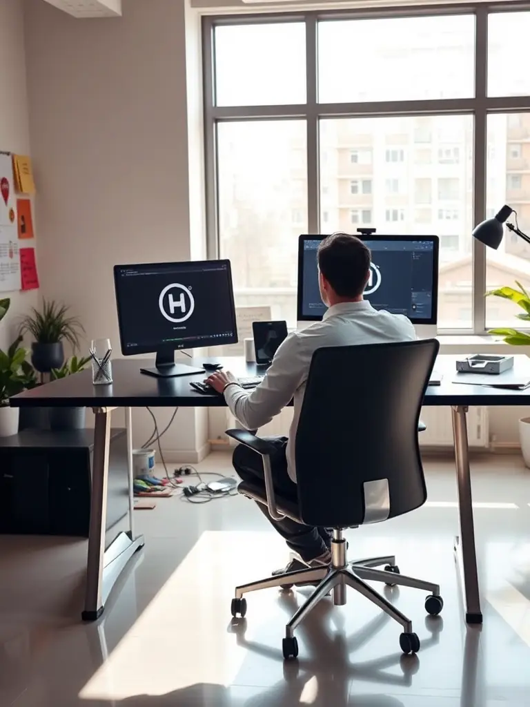 A graphic designer working on a branding project on a computer, creating a logo and visual identity for a client, highlighting Sanerna's innovative design solutions.