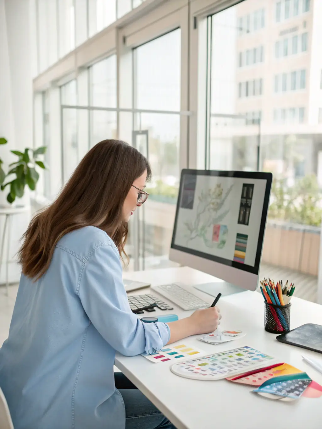A graphic designer working on a branding project, showcasing Sanerna's graphic design capabilities.