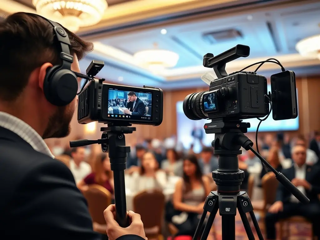A professional videographer filming a corporate event with high-quality equipment, capturing key moments and speakers in a dynamic setting.