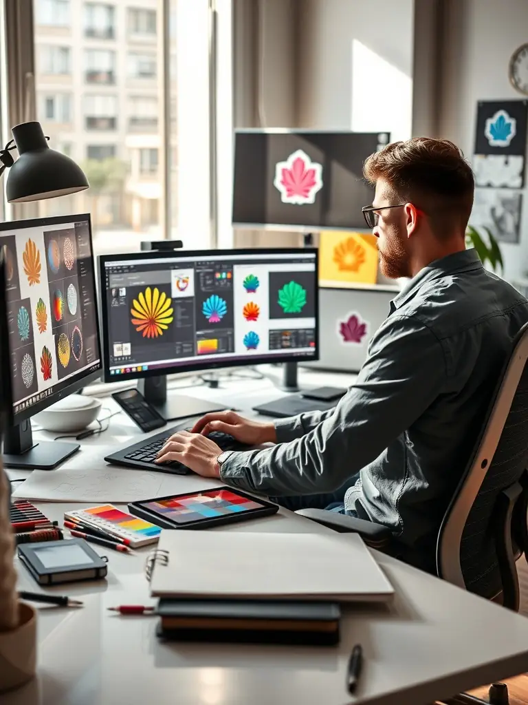 A graphic designer working on a branding project, creating a logo and visual identity for a new client, demonstrating Sanerna's innovative design solutions.
