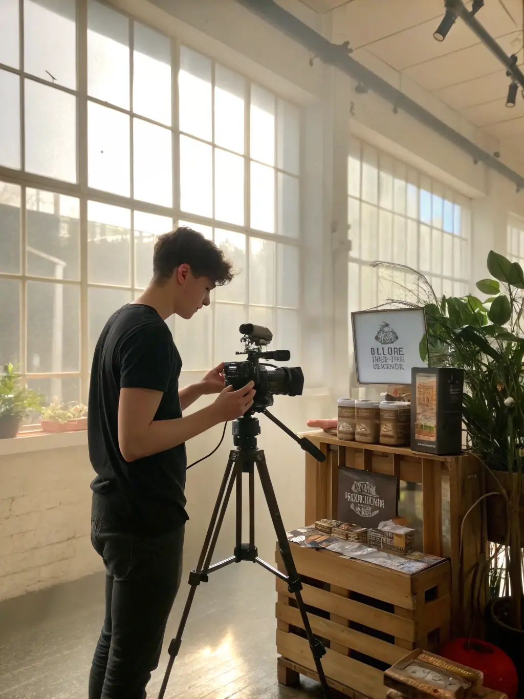 A professional videographer filming a corporate interview in a modern office setting, showcasing Sanerna's video production expertise.