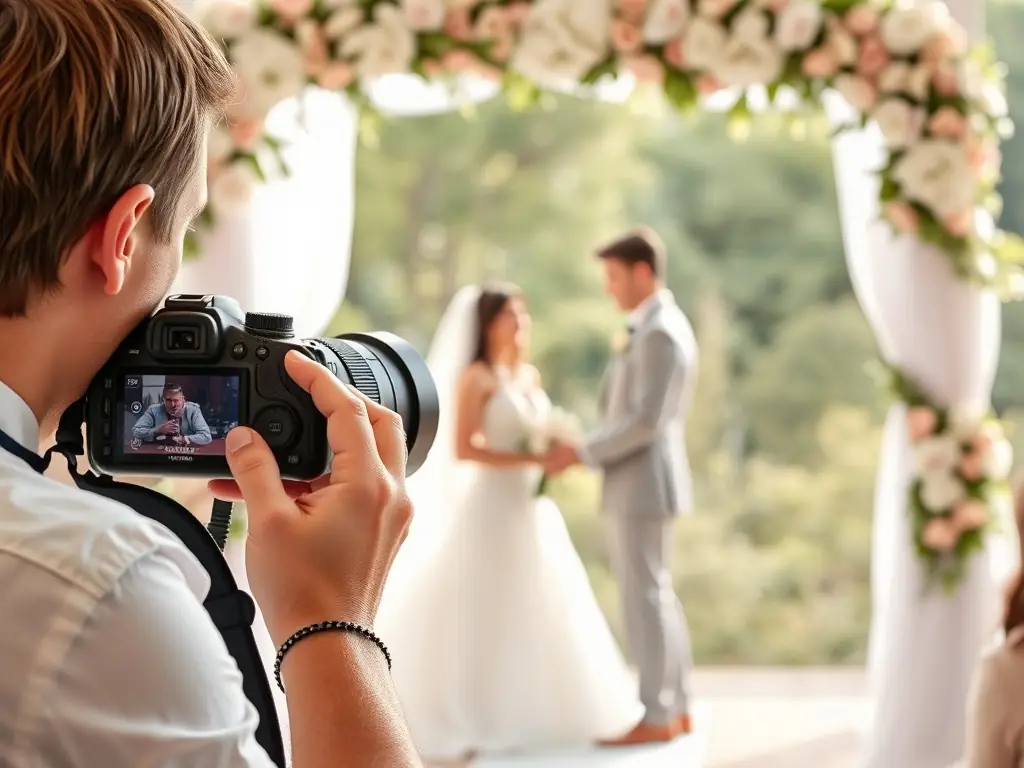 A photographer capturing candid moments at a wedding, focusing on the bride and groom exchanging vows with a soft, romantic background.